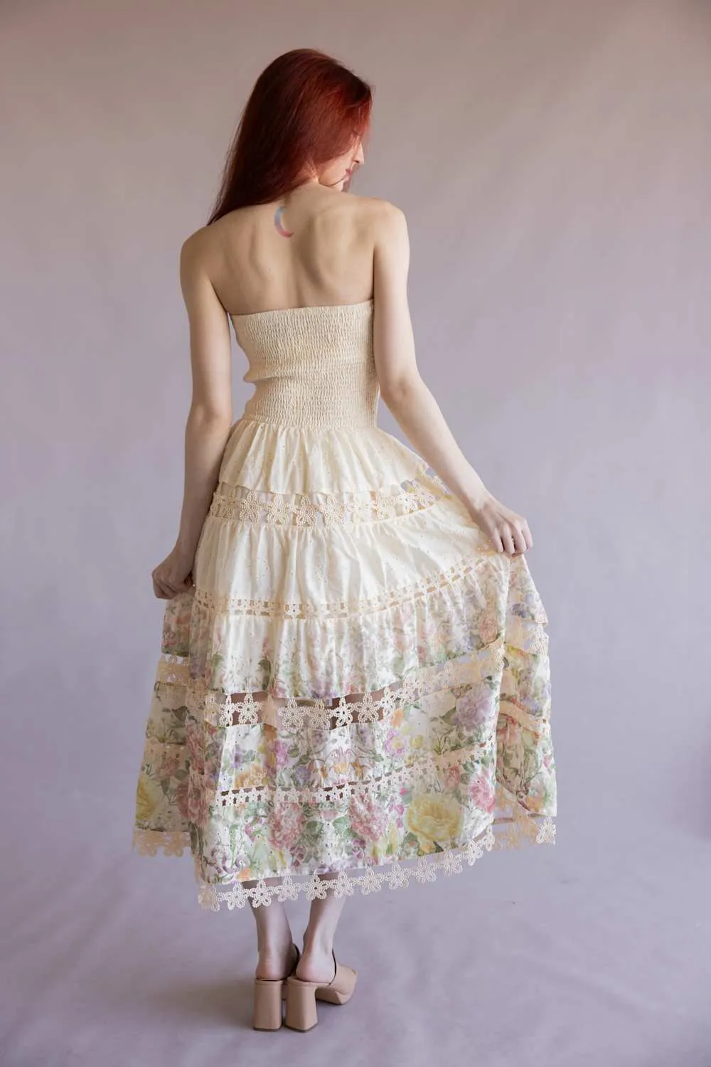 Floral Eyelet Lace Strapless Midi Dress for Women in Cream/Multi | D-10919-H-CRM sold by Glik’s product image thumbnail 2