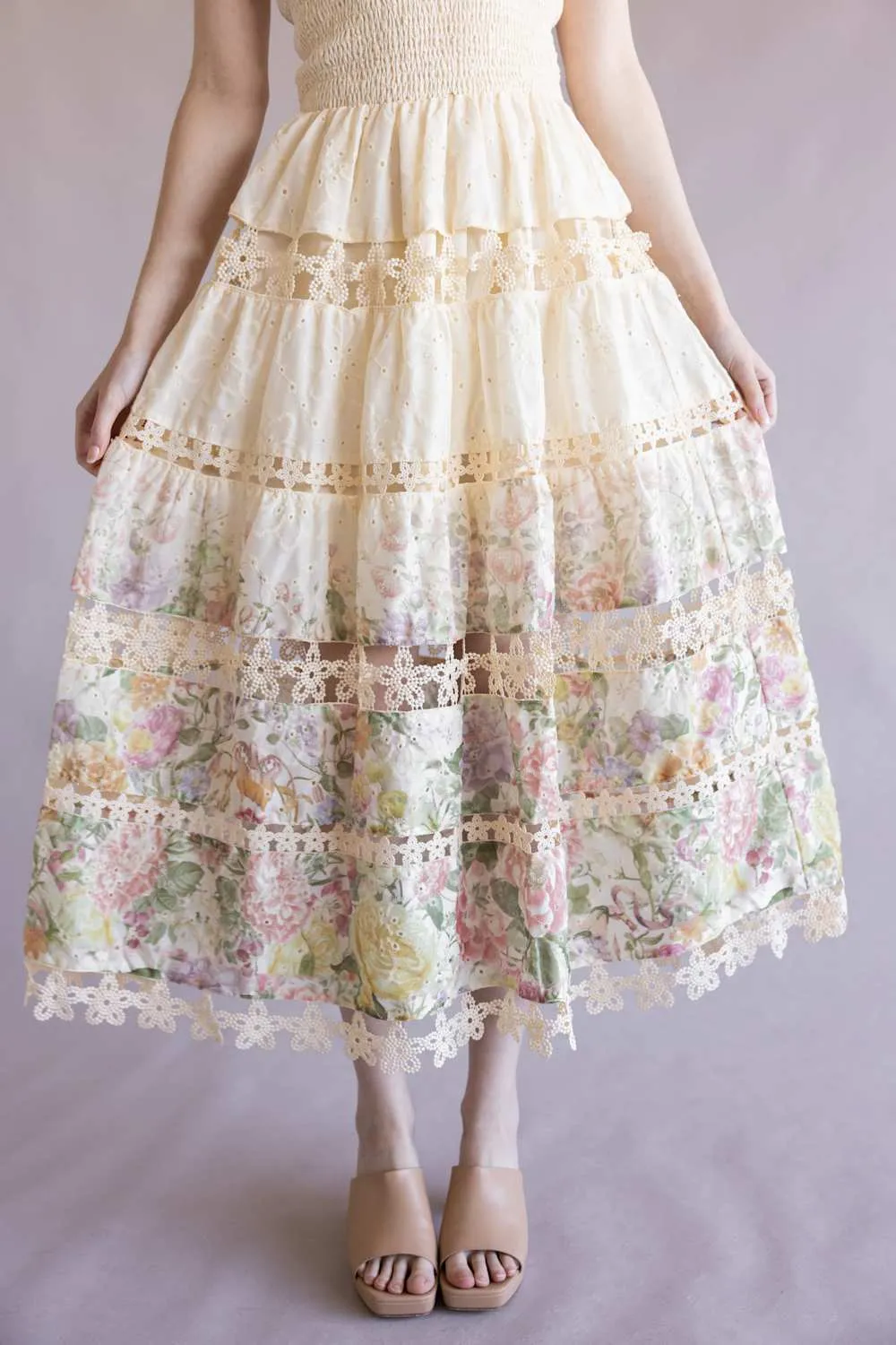 Floral Eyelet Lace Strapless Midi Dress for Women in Cream/Multi | D-10919-H-CRM sold by Glik’s product image thumbnail 3