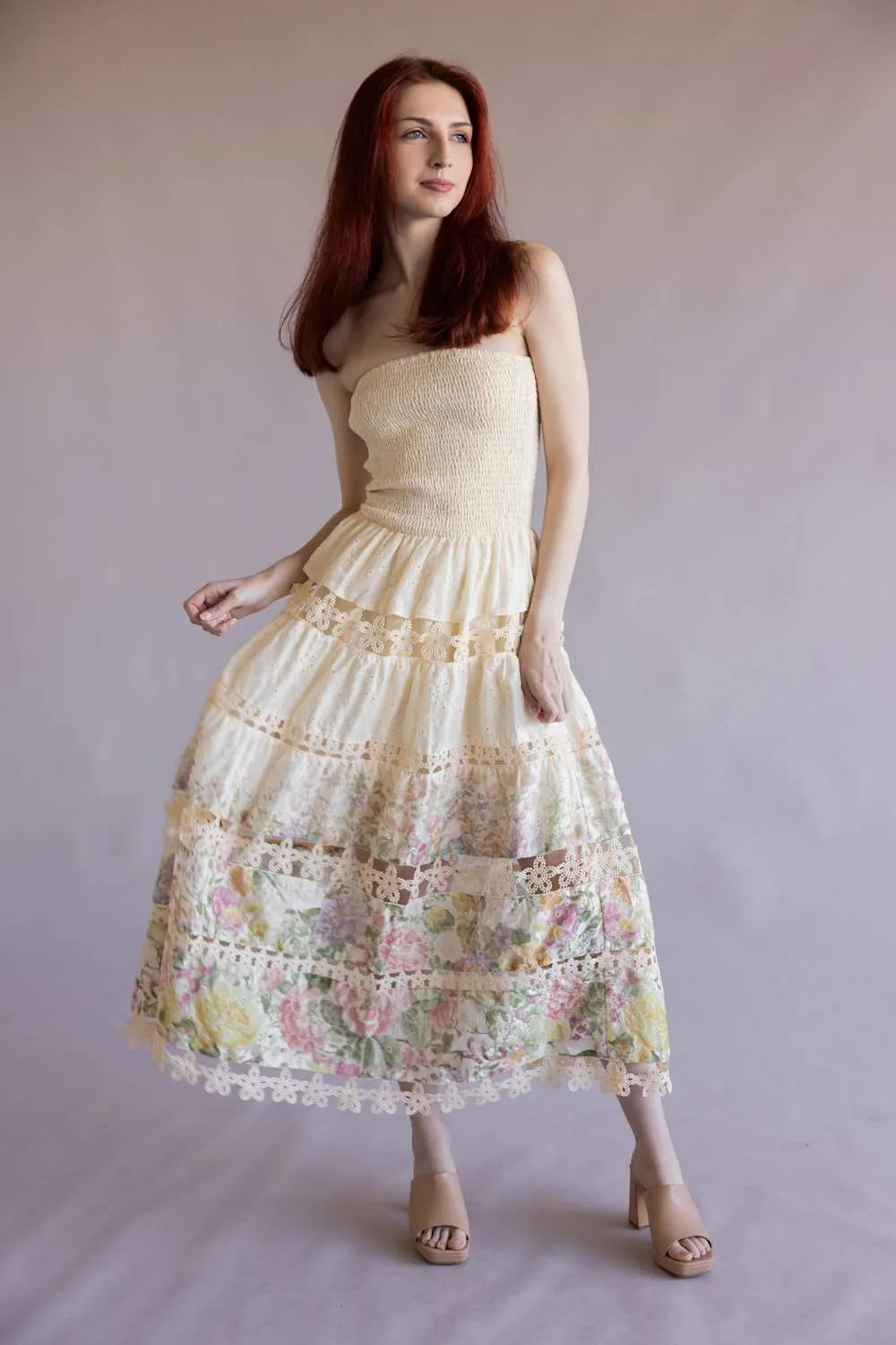 Floral Eyelet Lace Strapless Midi Dress for Women in Cream/Multi | D-10919-H-CRM sold by Glik’s product image thumbnail 5