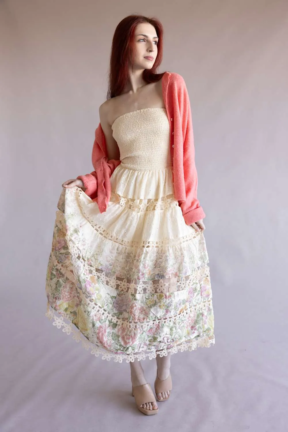 Floral Eyelet Lace Strapless Midi Dress for Women in Cream/Multi | D-10919-H-CRM sold by Glik’s product image thumbnail 4