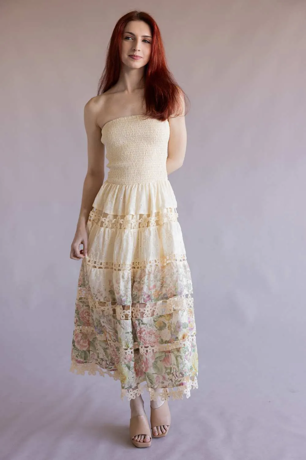 Floral Eyelet Lace Strapless Midi Dress for Women in Cream/Multi | D-10919-H-CRM sold by Glik’s
