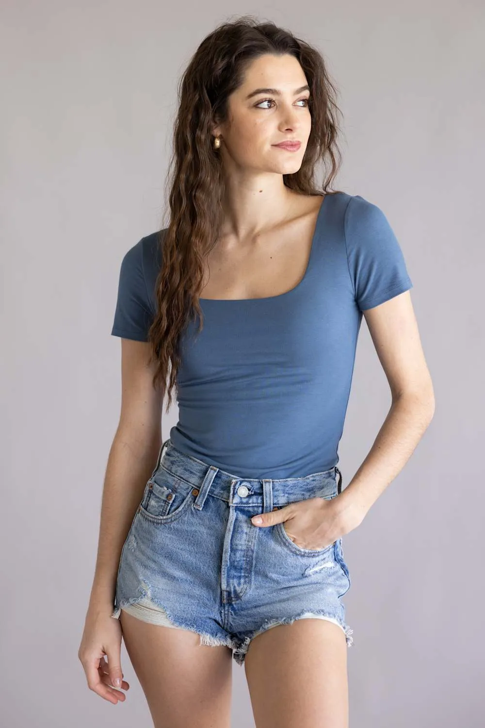 Final Touch Double Layer Knit T-Shirt for Women in Slate | VT30991-SLATE sold by Glik’s