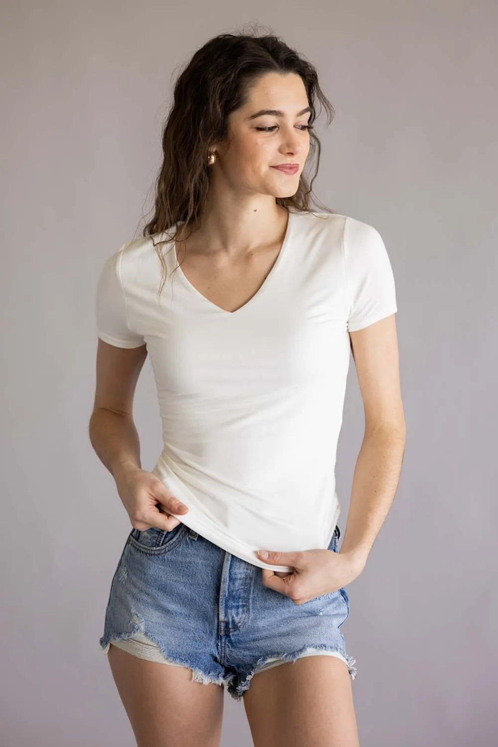 Final Touch Double Layer V-Neck T-Shirt for Women in Ivory | VT31442-IVORY sold by Glik’s product image thumbnail 4