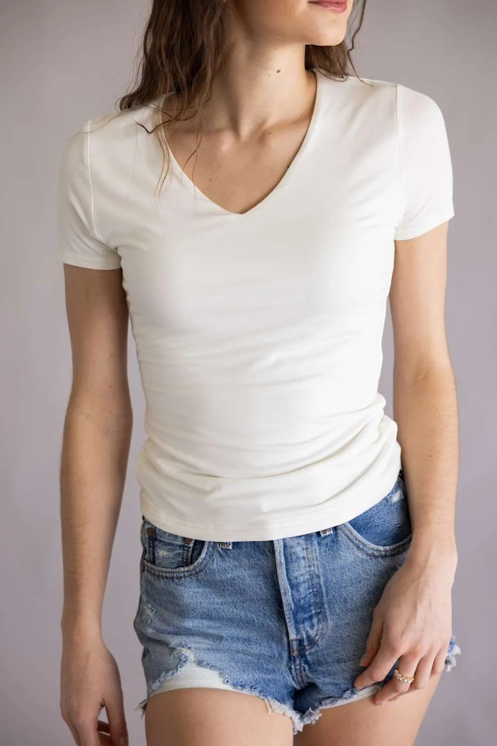 Final Touch Double Layer V-Neck T-Shirt for Women in Ivory | VT31442-IVORY sold by Glik’s