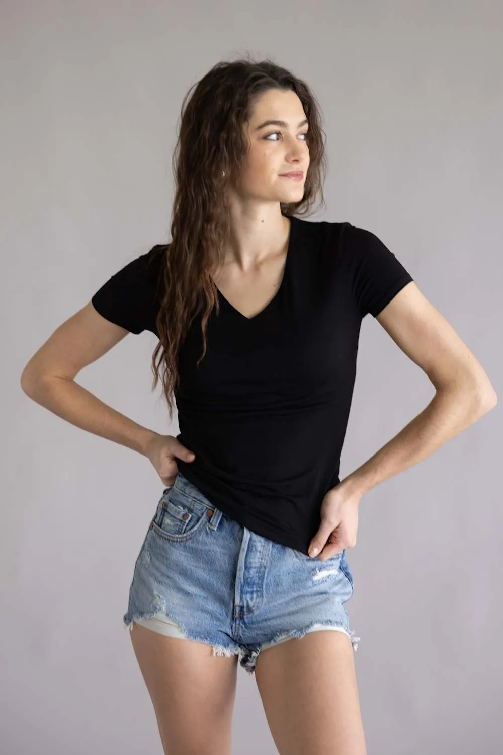 Final Touch Double Layer V-Neck T-Shirt for Women in Black | VT31442-BLACK sold by Glik’s