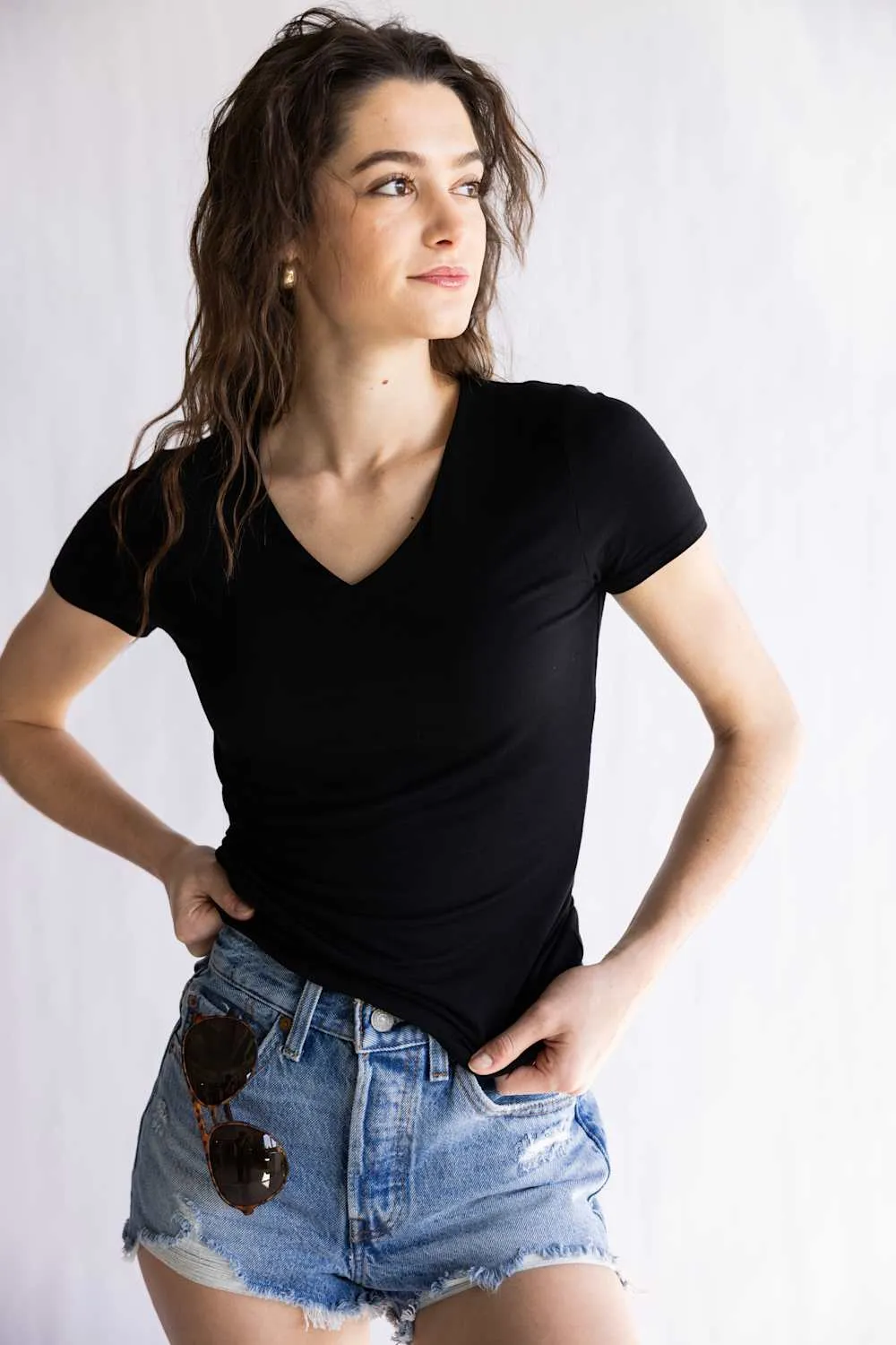Final Touch Double Layer V-Neck T-Shirt for Women in Black | VT31442-BLACK sold by Glik’s product image thumbnail 4