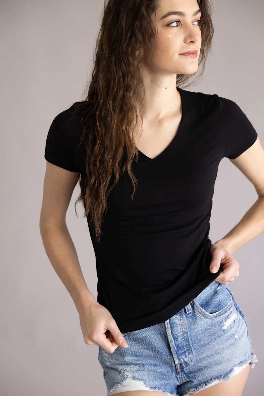 Final Touch Double Layer V-Neck T-Shirt for Women in Black | VT31442-BLACK sold by Glik’s product image thumbnail 3