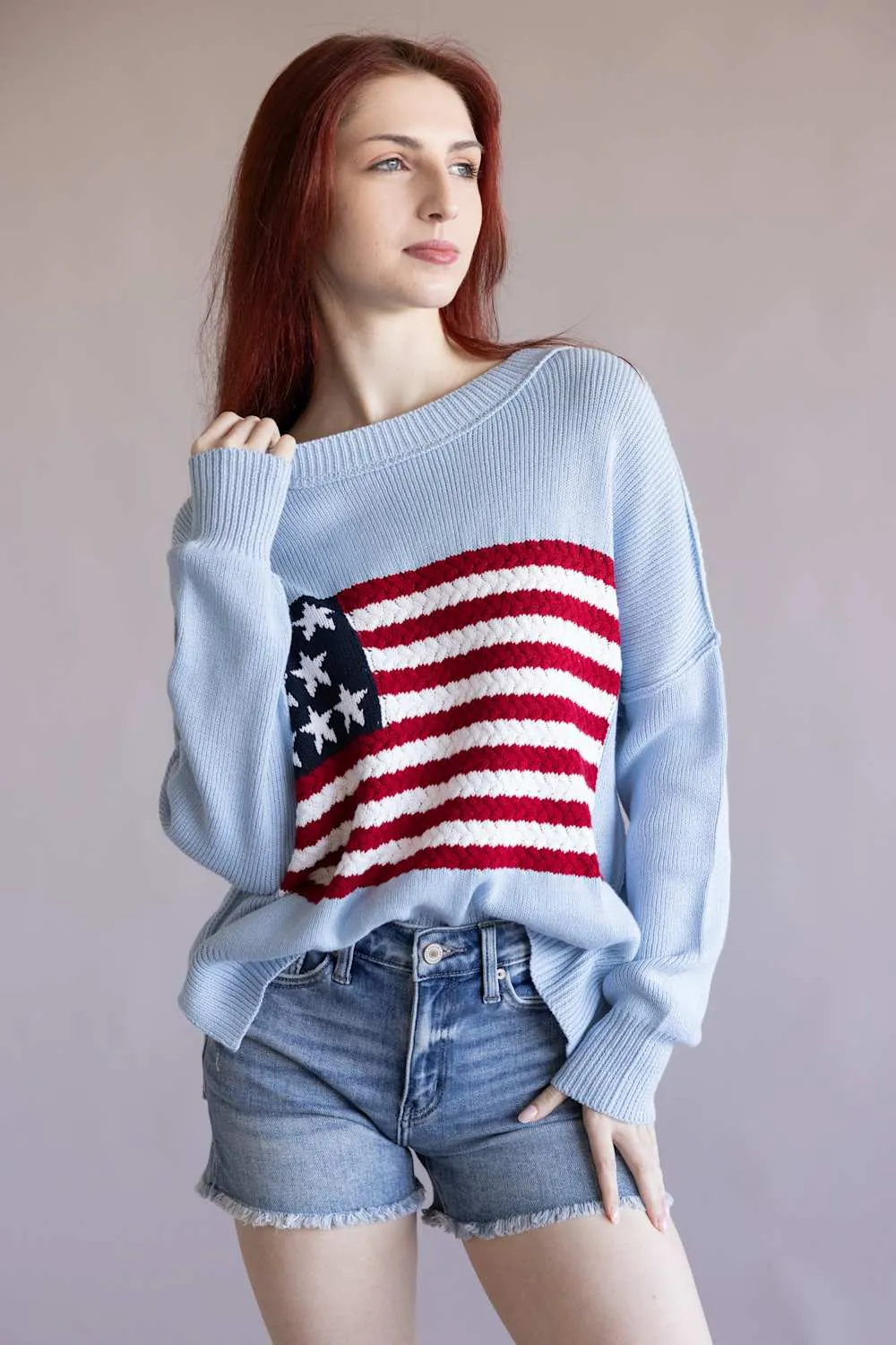 Miracle Knit American Flag Sweater for Women in Light Blue | M8167-LBLUE sold by Glik’s product image thumbnail 4