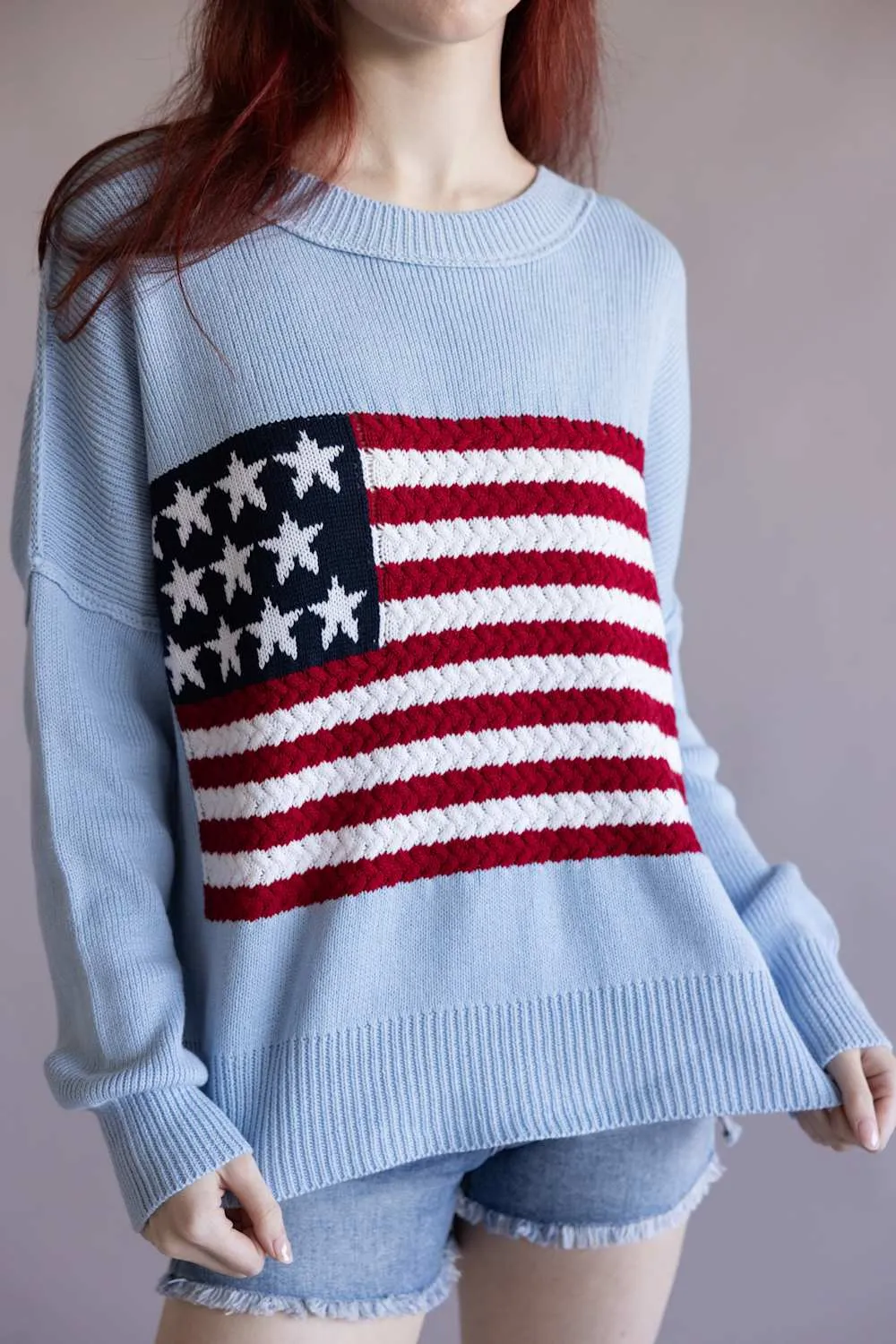 Miracle Knit American Flag Sweater for Women in Light Blue | M8167-LBLUE sold by Glik’s product image thumbnail 2