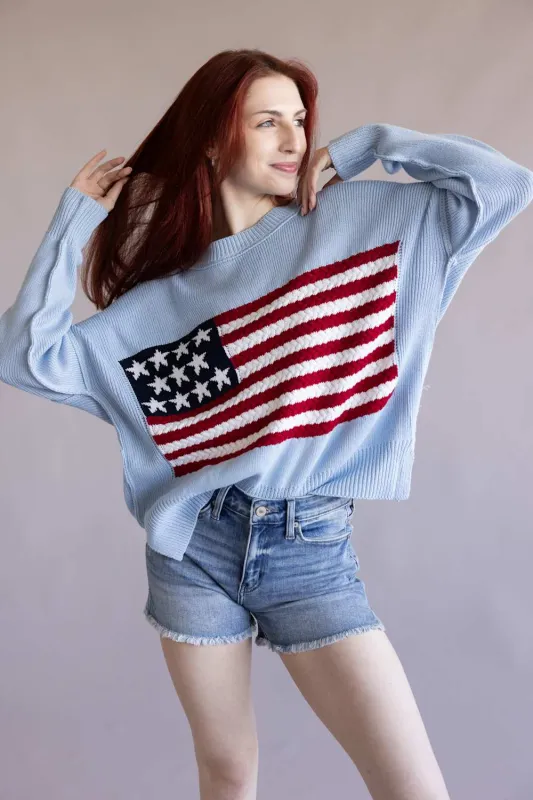Miracle Knit American Flag Sweater for Women in Light Blue | M8167-LBLUE made by Miracle