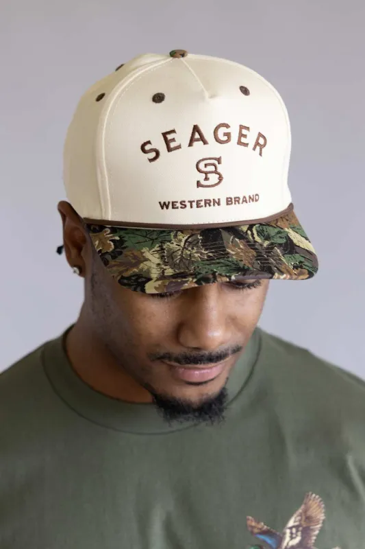 Seager Branded Camo Snapback Hat for Men in Cream | MHF25BRANDCCAMO sold by Glik’s