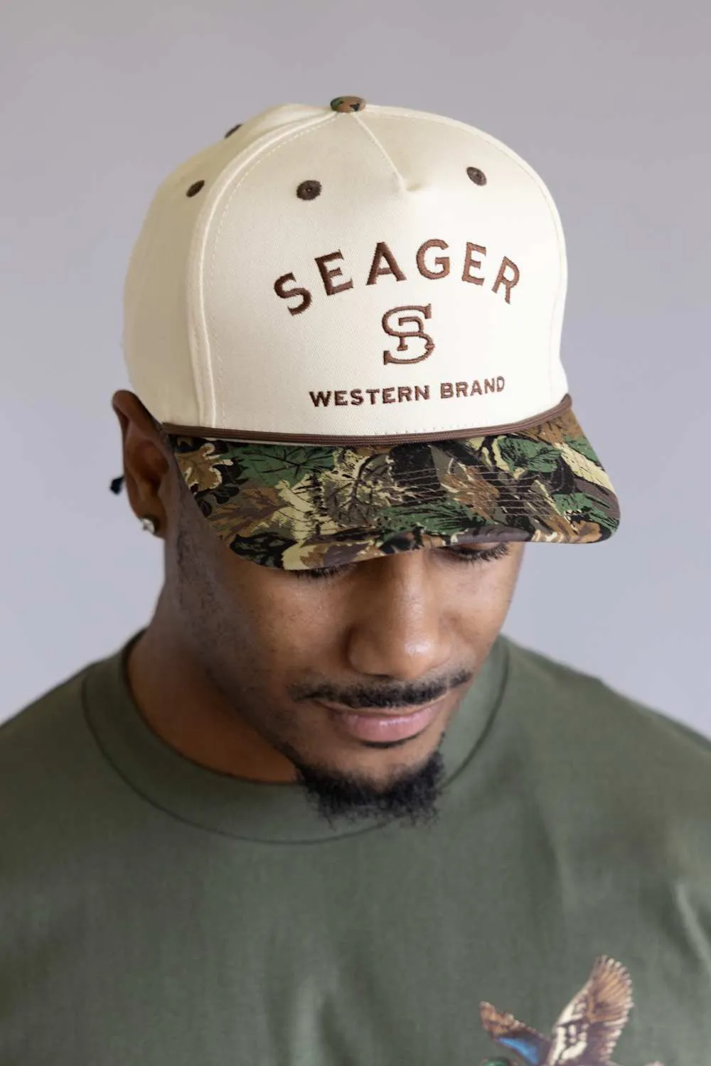 Seager Branded Camo Snapback Hat for Men in Cream | MHF25BRANDCCAMO sold by Glik’s