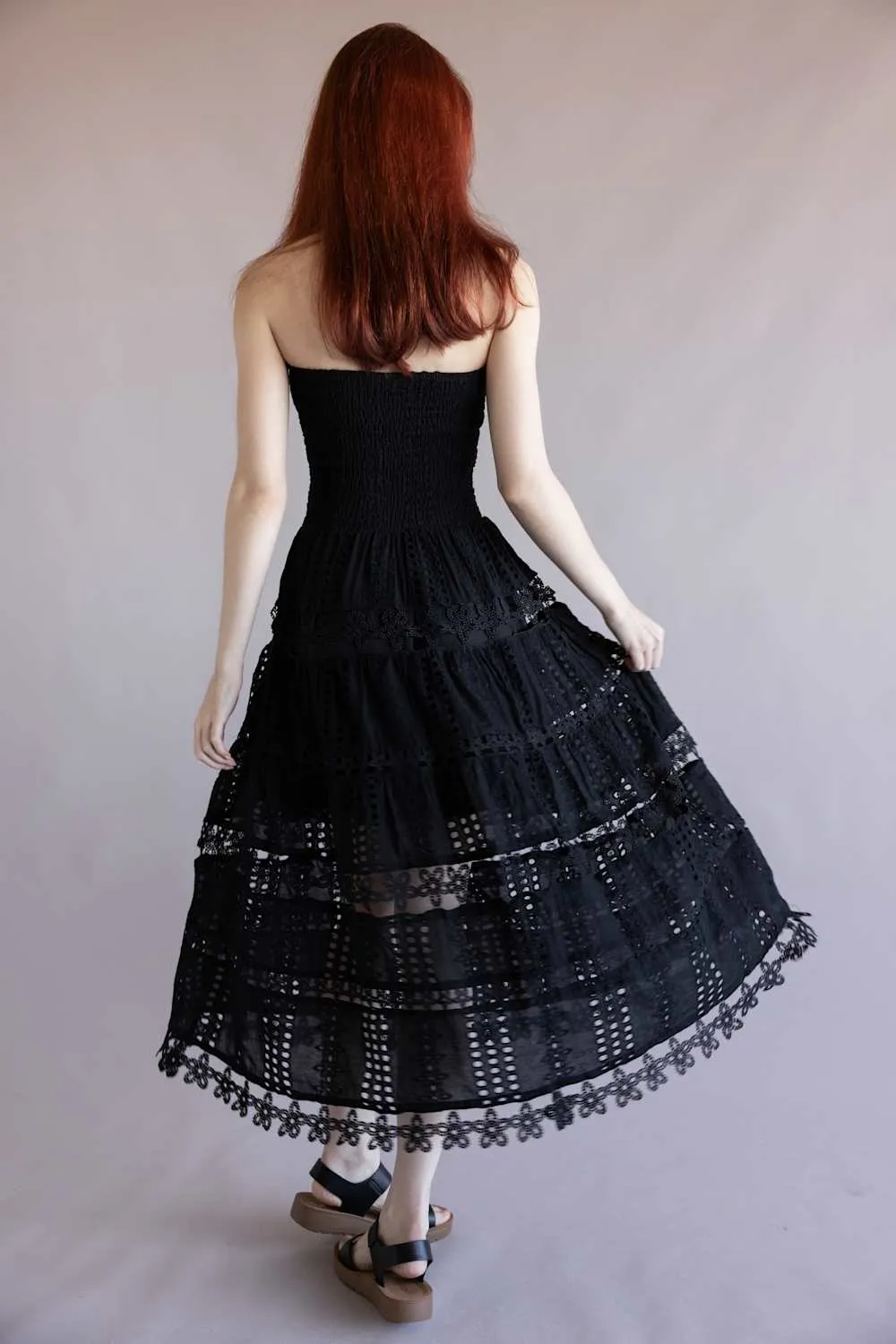 Eyelet Lace Strapless Midi Dress for Women in Black | D-2192-H-BLK sold by Glik’s product image thumbnail 3