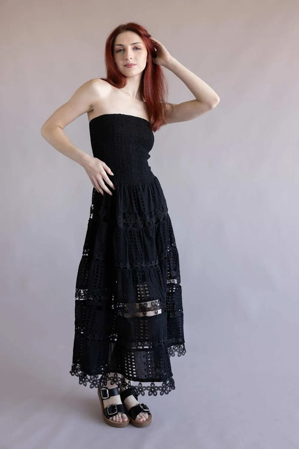 Eyelet Lace Strapless Midi Dress for Women in Black | D-2192-H-BLK sold by Glik’s product image thumbnail 2