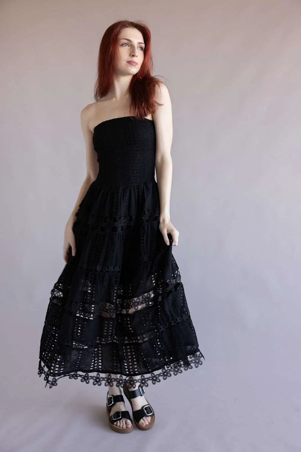 Eyelet Lace Strapless Midi Dress for Women in Black | D-2192-H-BLK sold by Glik’s product image thumbnail 4