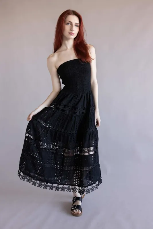 Eyelet Lace Strapless Midi Dress for Women in Black | D-2192-H-BLK made by Strut & Bolt