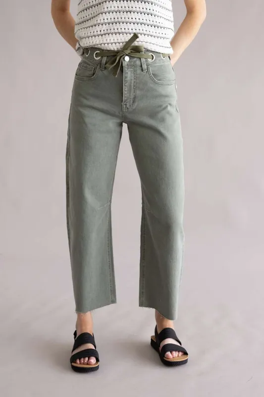 Vervet Drawstring High Rise Wide Barrel Jeans for Women in Green | T70410LV made by Vervet