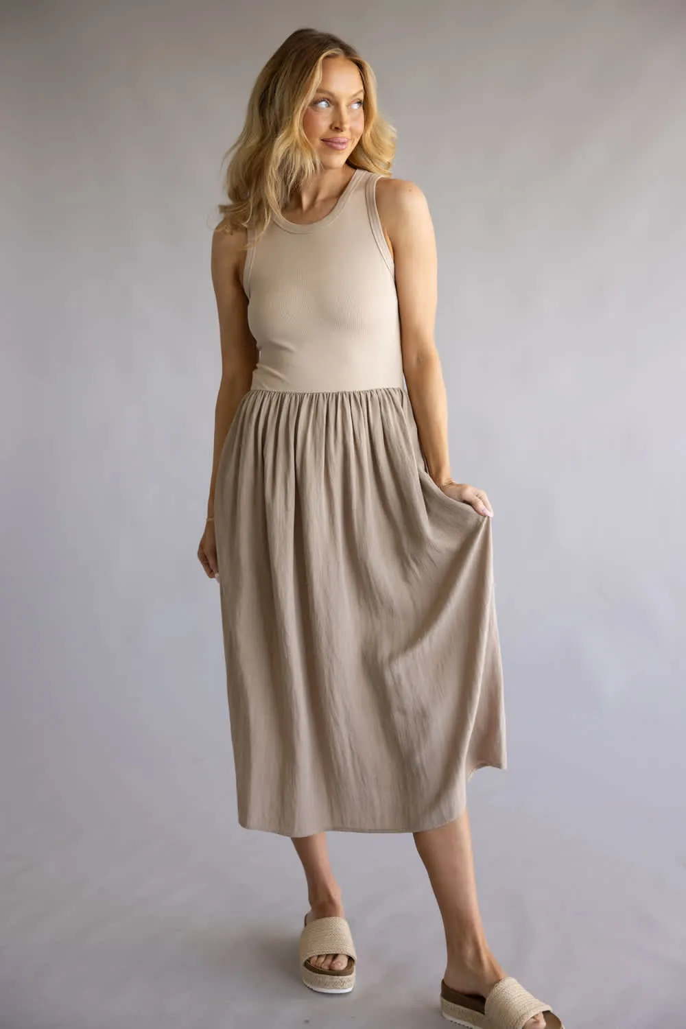 Knit Contrast Midi Dress for Women in Taupe | VND40936A-TAUPE sold by Glik’s