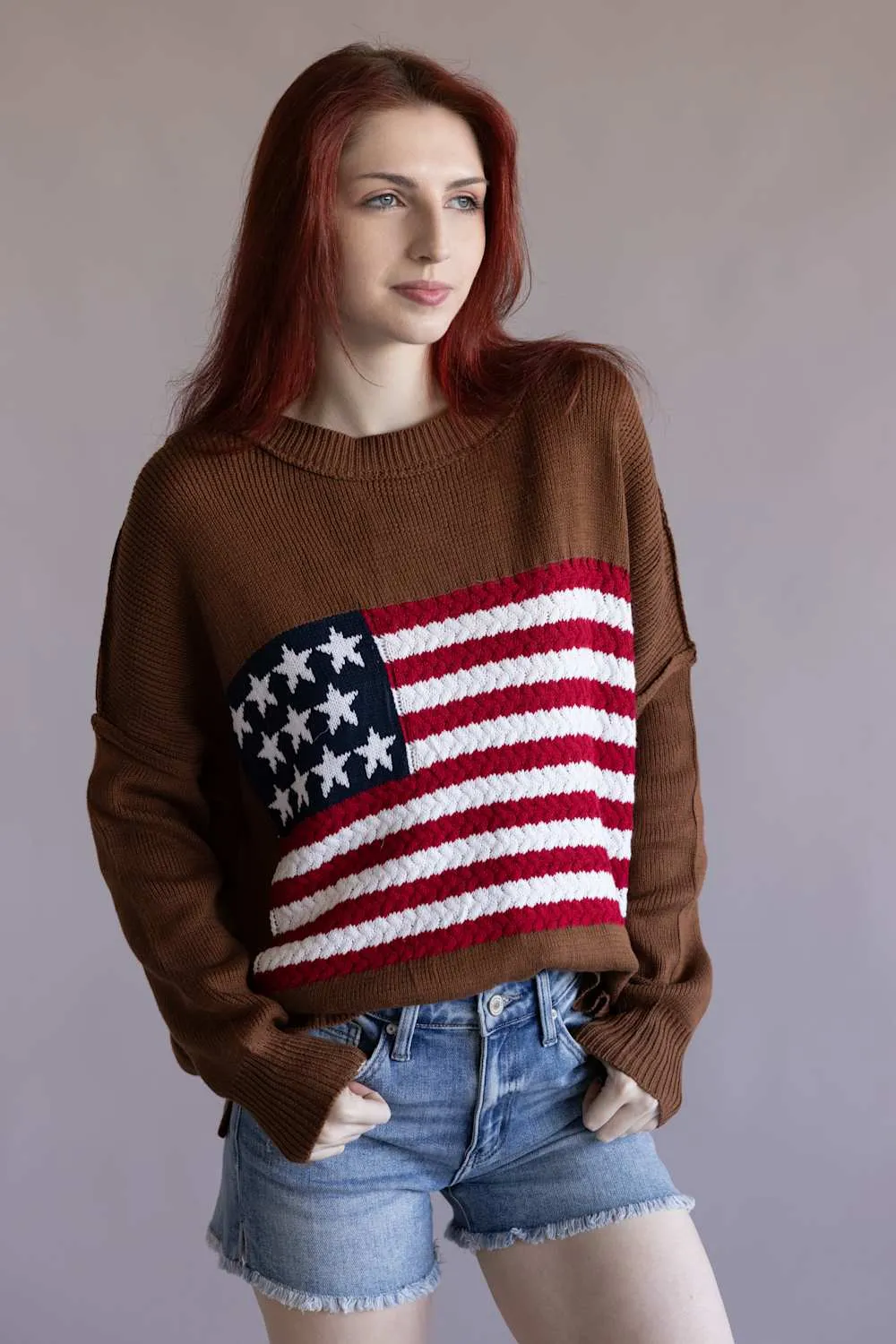 Miracle Knit American Flag Sweater for Women in Camel | M8167-CAMEL sold by Glik’s product image thumbnail 4