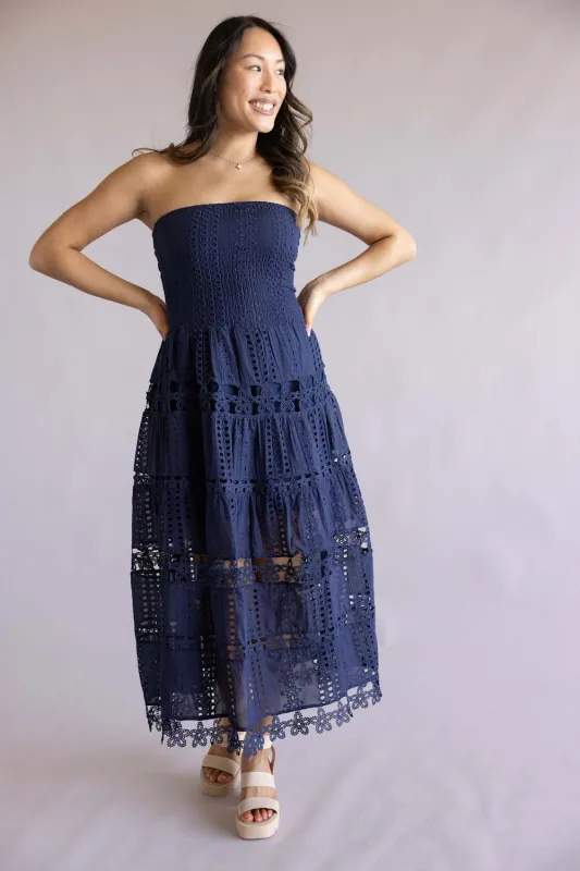 Eyelet Lace Strapless Midi Dress for Women in Navy | D-2192-H-NVY made by Strut & Bolt