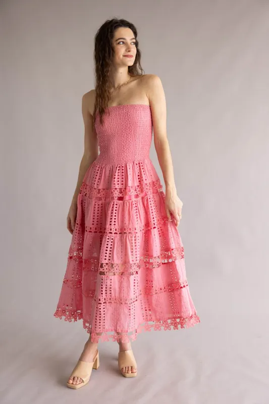 Eyelet Lace Strapless Midi Dress for Women in Confetti Pink | D-2192-H-CNFTPNK made by Strut & Bolt