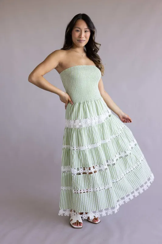 Striped Eyelet Lace Strapless Midi Dress for Women in Sage Green | D-10435-H-GRN made by Strut & Bolt