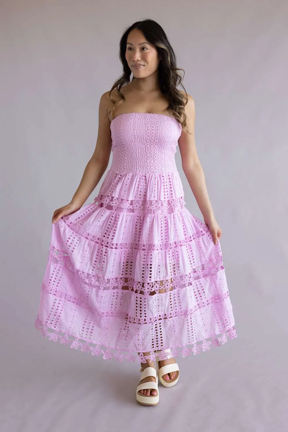 Eyelet Lace Strapless Midi Dress for Women in Mellow Mauve | D-2192-H-MVE sold by Glik’s