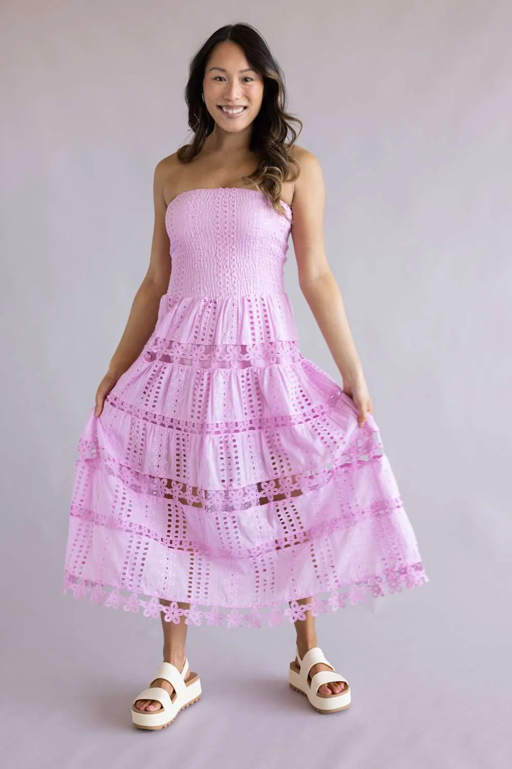 Eyelet Lace Strapless Midi Dress for Women in Mellow Mauve | D-2192-H-MVE sold by Glik’s product image thumbnail 3