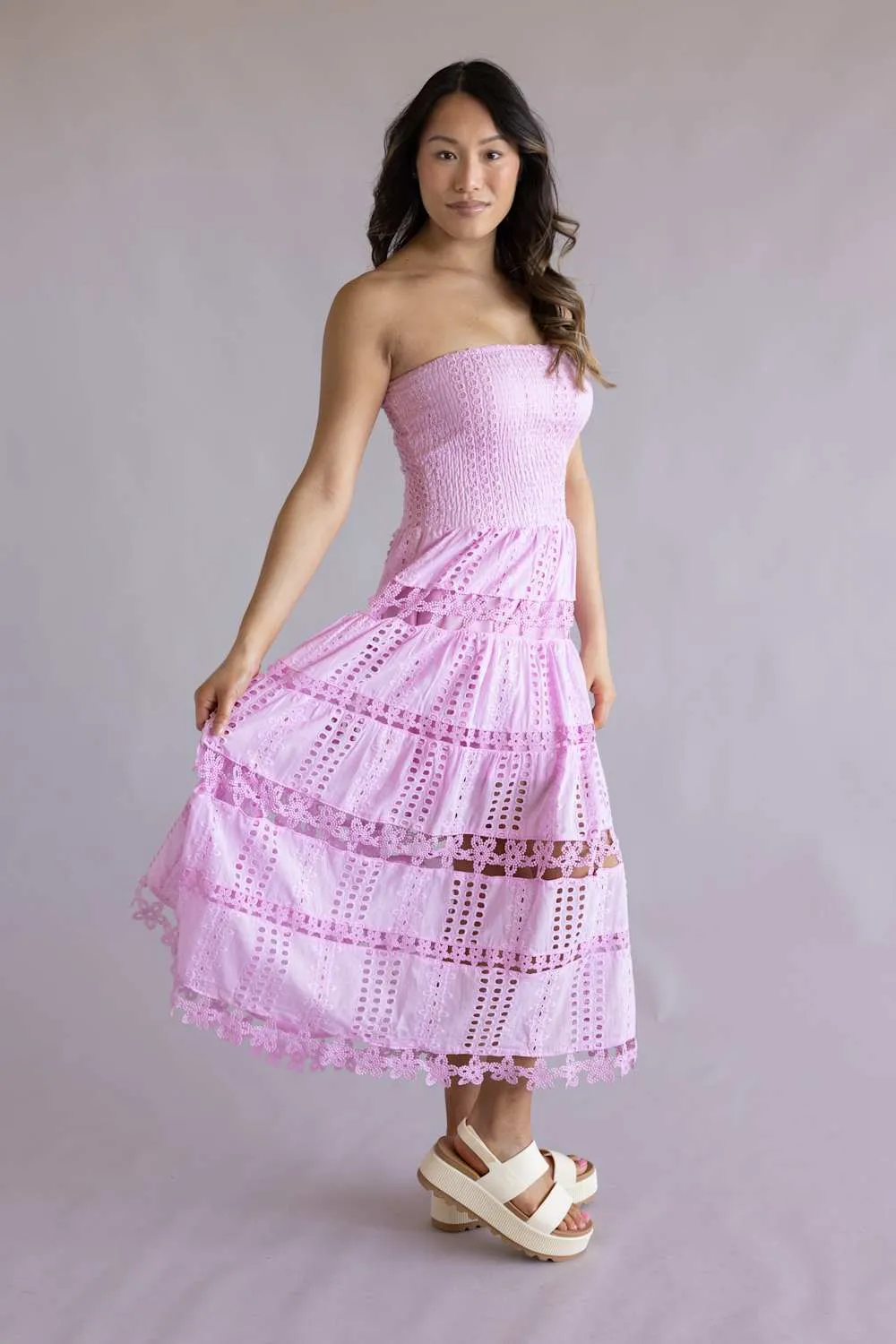Eyelet Lace Strapless Midi Dress for Women in Mellow Mauve | D-2192-H-MVE sold by Glik’s product image thumbnail 5