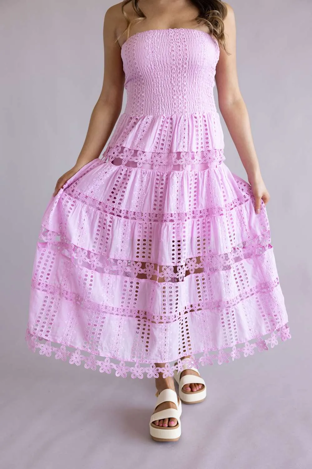 Eyelet Lace Strapless Midi Dress for Women in Mellow Mauve | D-2192-H-MVE sold by Glik’s product image thumbnail 4