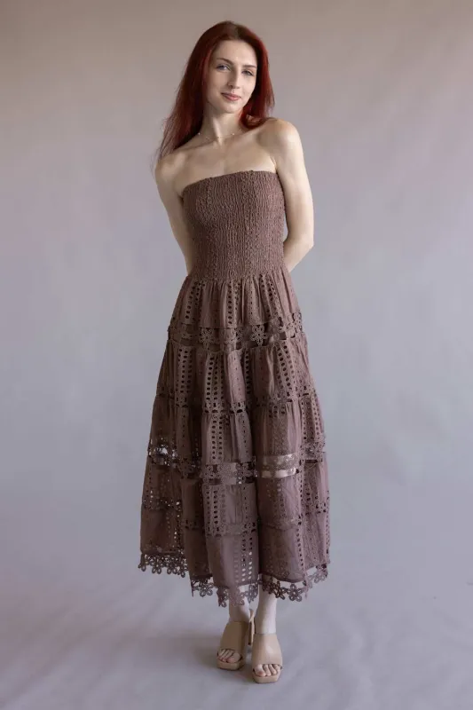 Eyelet Lace Strapless Midi Dress for Women in Nutmeg | D-2192-H-NUT made by Strut & Bolt