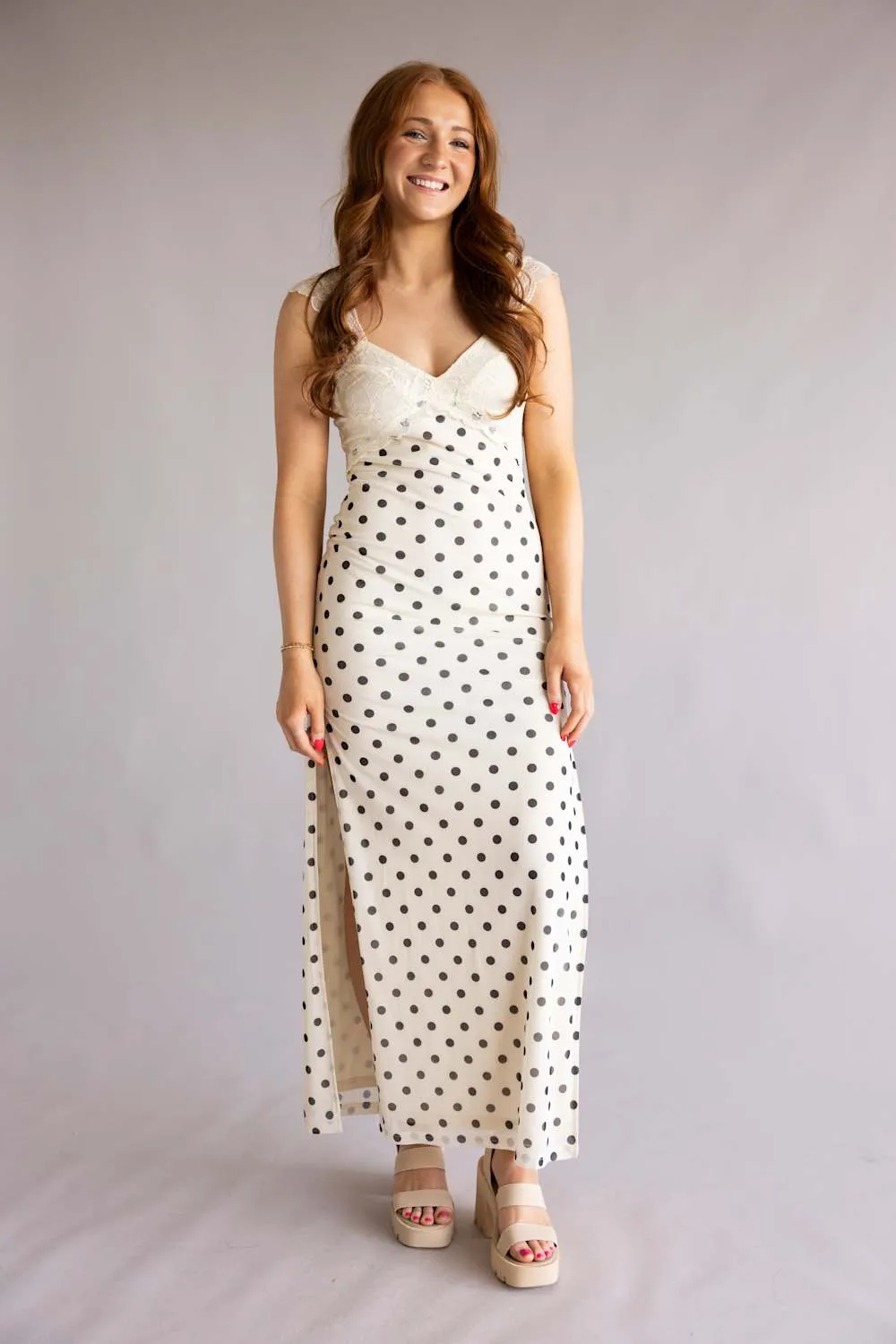 Mesh Polka Dot Lace Detail Maxi Dress for Women in Cream | IBD30145-8-CREAMBLACK sold by Glik’s product image thumbnail 5