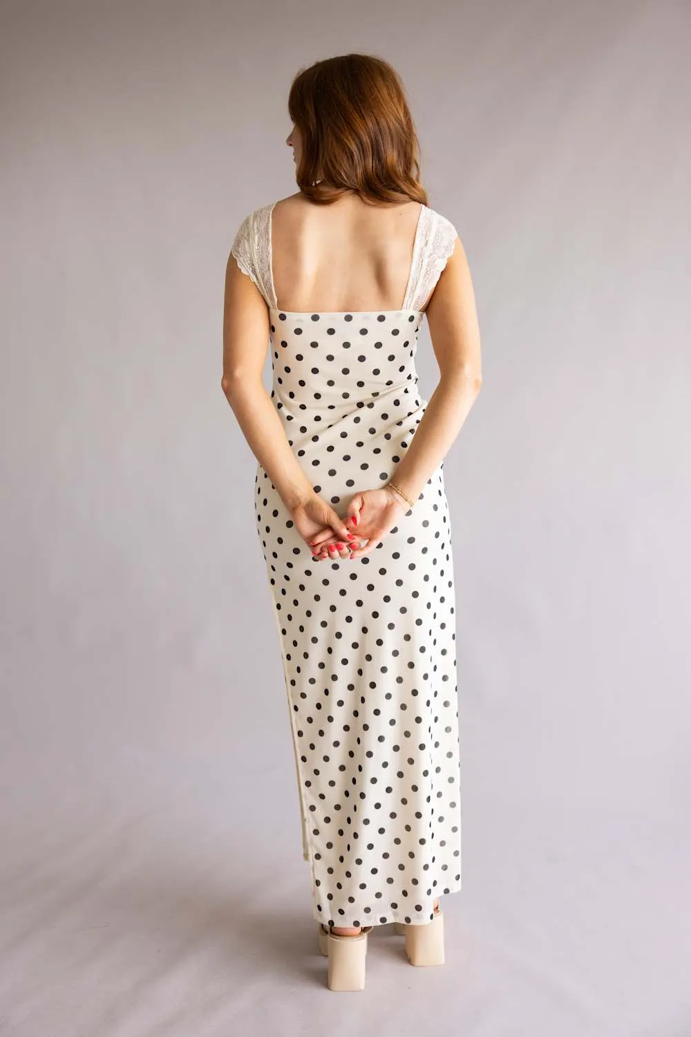 Mesh Polka Dot Lace Detail Maxi Dress for Women in Cream | IBD30145-8-CREAMBLACK sold by Glik’s product image thumbnail 4
