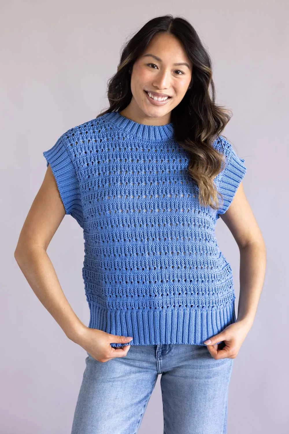 Elan Open Knit Cap Sleeve Sweater for Women in Blue | SW11619-BLU sold by Glik’s product image thumbnail 5