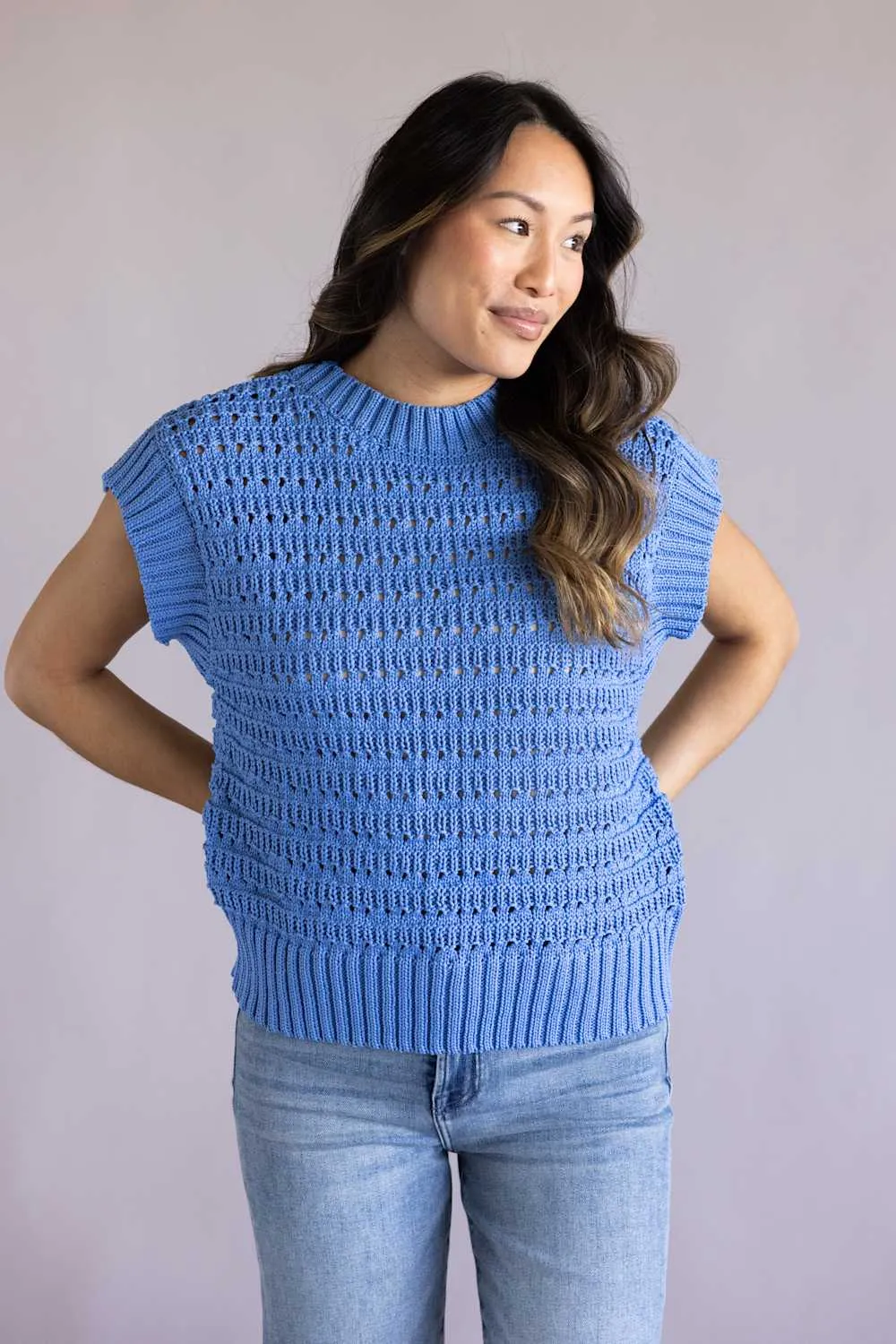 Elan Open Knit Cap Sleeve Sweater for Women in Blue | SW11619-BLU sold by Glik’s product image thumbnail 4