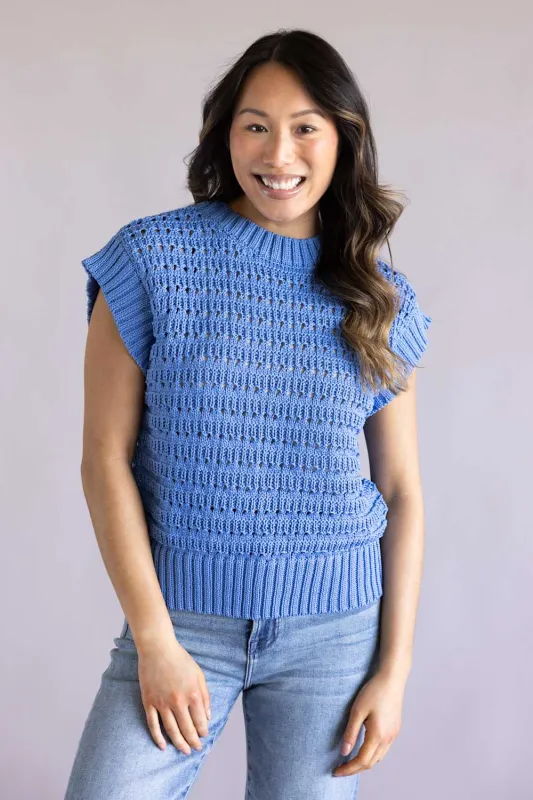 Elan Open Knit Cap Sleeve Sweater for Women in Blue | SW11619-BLU made by Glik’s