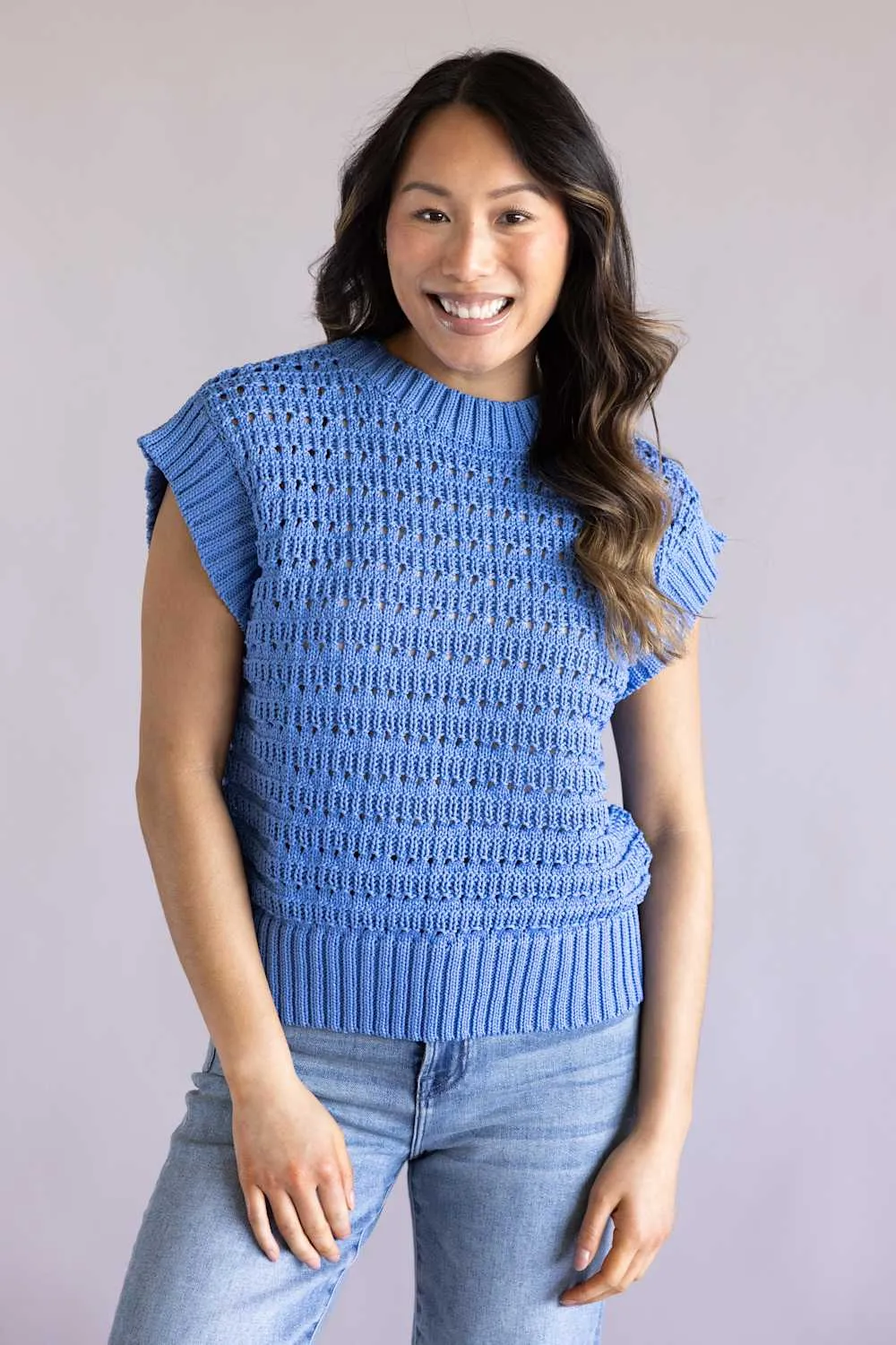 Elan Open Knit Cap Sleeve Sweater for Women in Blue | SW11619-BLU sold by Glik’s