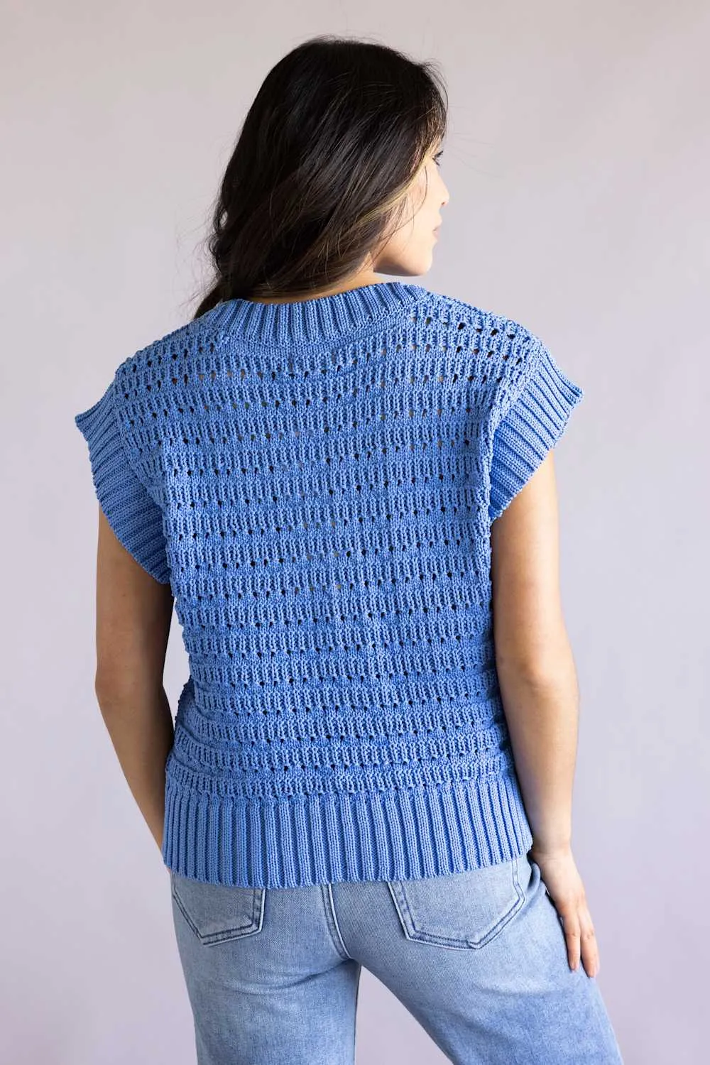 Elan Open Knit Cap Sleeve Sweater for Women in Blue | SW11619-BLU sold by Glik’s product image thumbnail 3