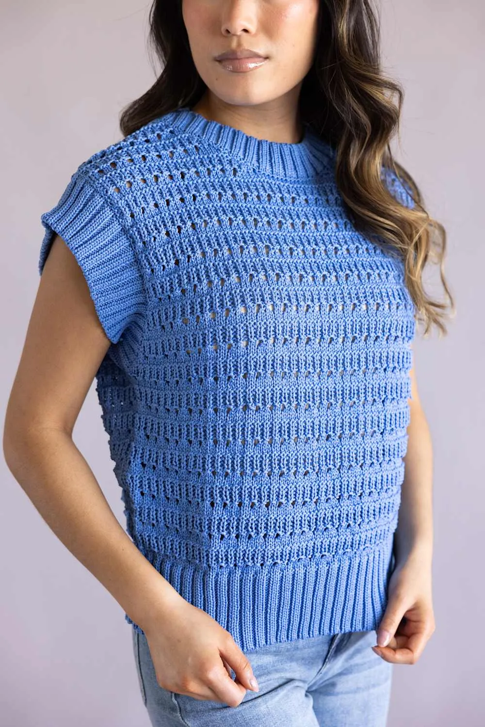 Elan Open Knit Cap Sleeve Sweater for Women in Blue | SW11619-BLU sold by Glik’s product image thumbnail 2