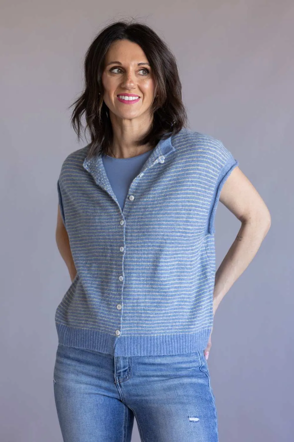 Things Between Piper Vest for Women in Dusty Blue Stripe | TBW13703-DBLU sold by Glik’s