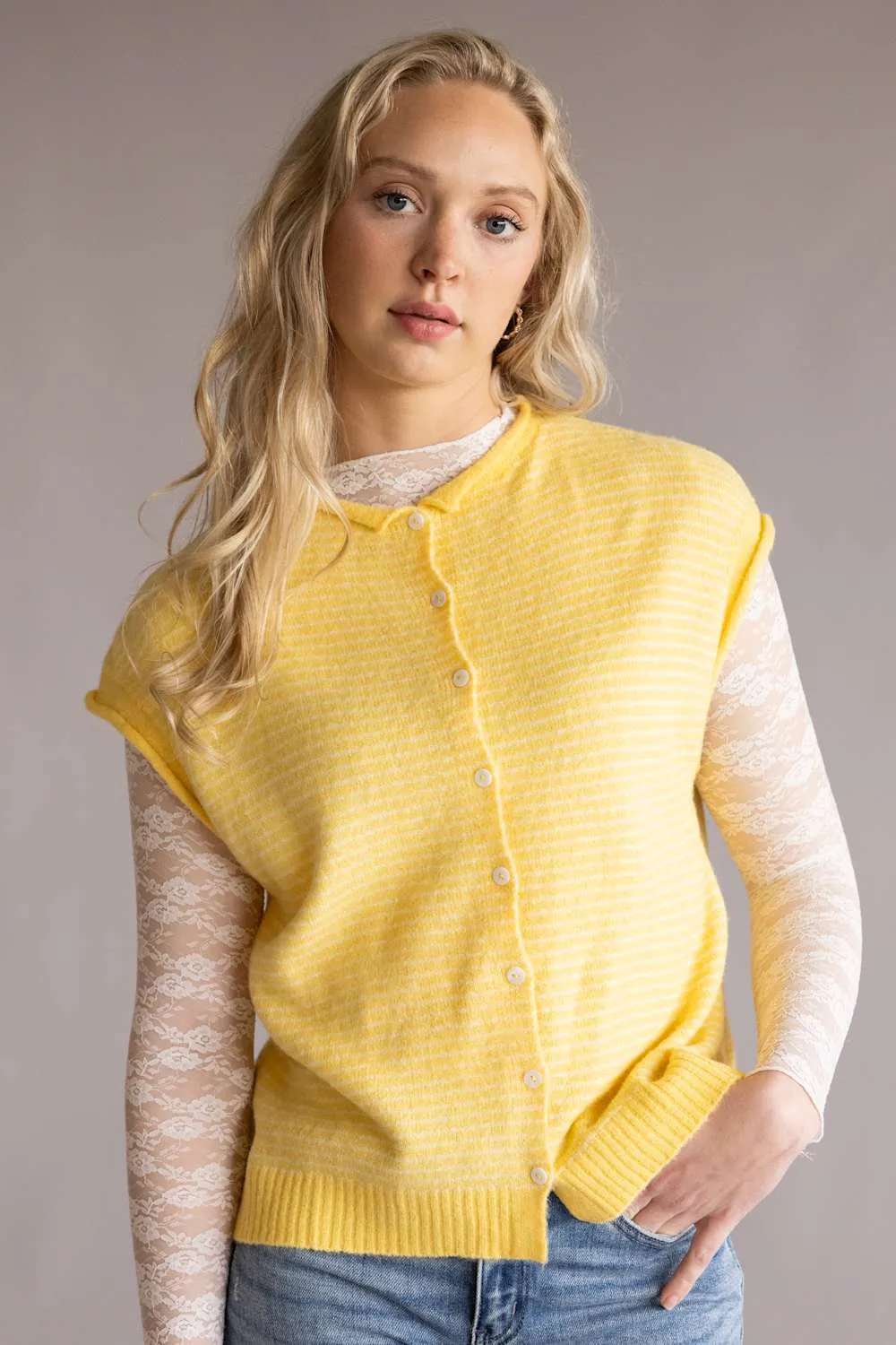 Things Between Piper Vest for Women in Butter Stripe | TBW13703-BTR sold by Glik’s