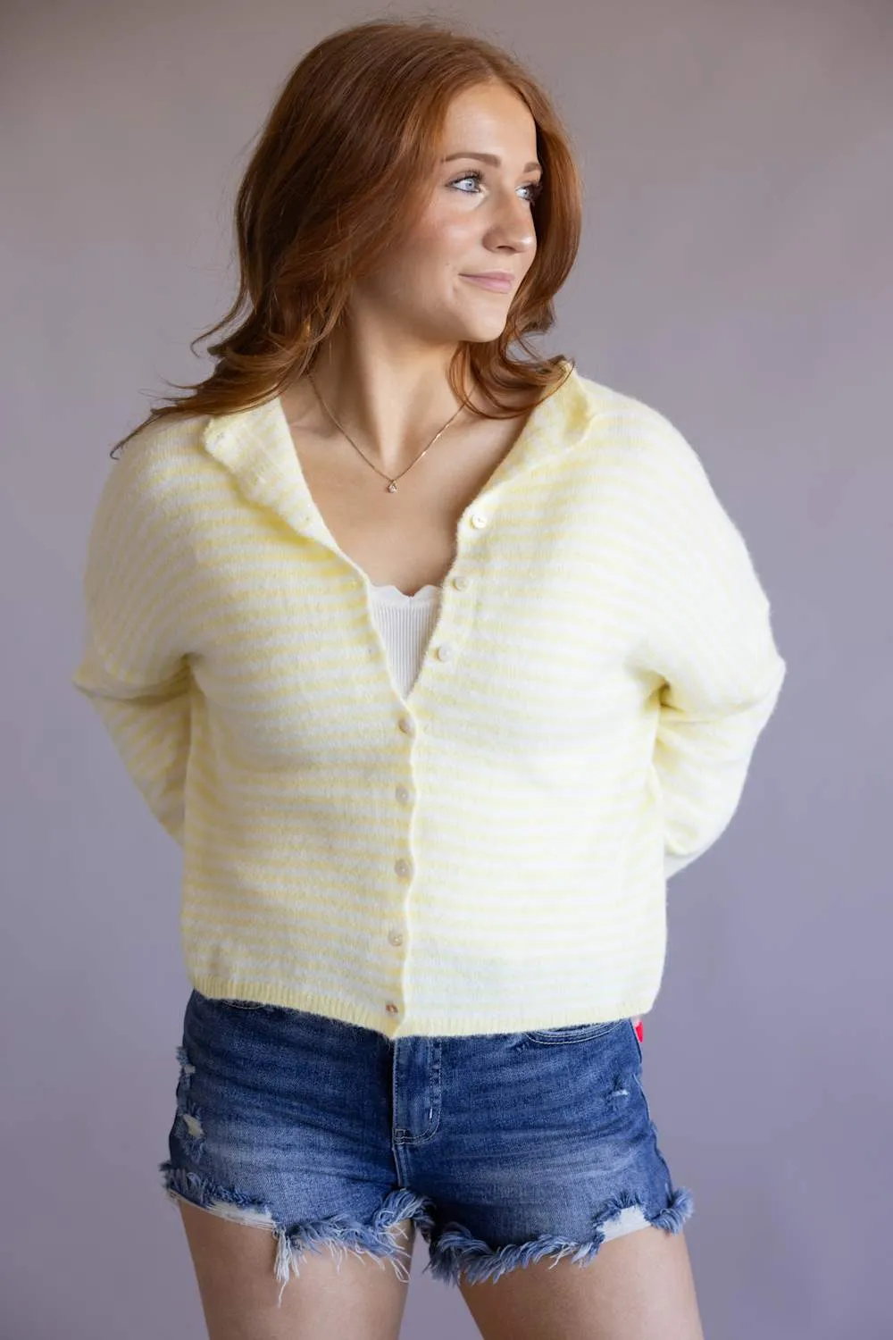 Things Between Striped Piper Cardigan for Women in Butter | TBW13418-BTR sold by Glik’s