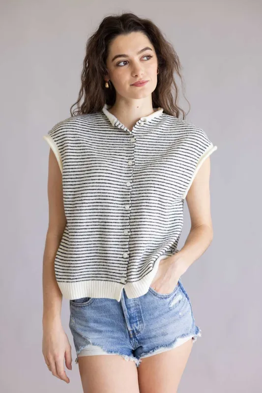 Things Between Piper Vest for Women in Ivory/Black Stripe | TBW13703-IRYBLK made by Things Between