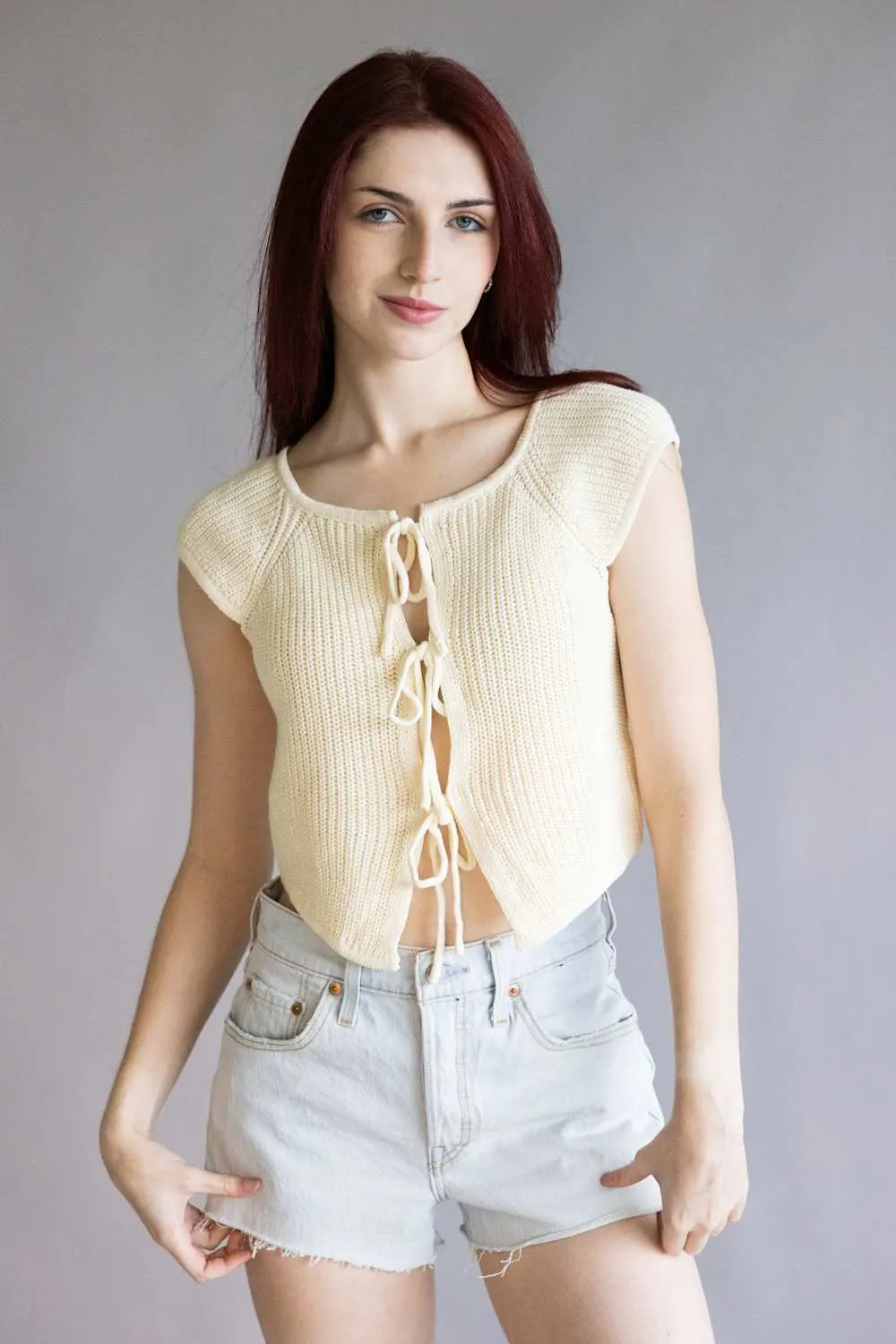 Crochet Tie Front Knit Top for Women in Cream | BWJ1212-CREAM sold by Glik’s product image thumbnail 2