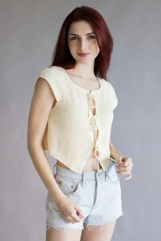 Crochet Tie Front Knit Top for Women in Cream | BWJ1212-CREAM made by Le Lis