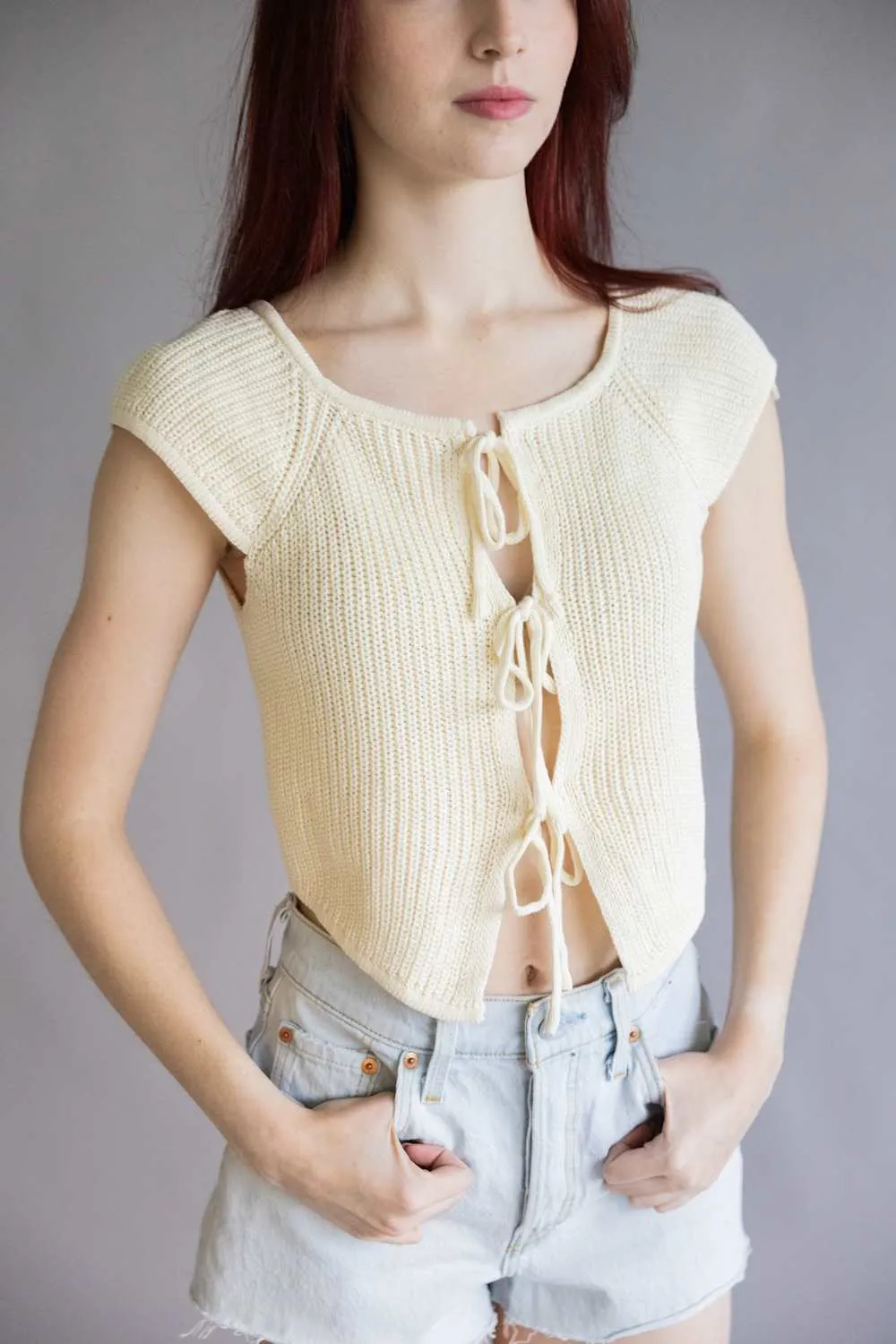 Crochet Tie Front Knit Top for Women in Cream | BWJ1212-CREAM sold by Glik’s product image thumbnail 4