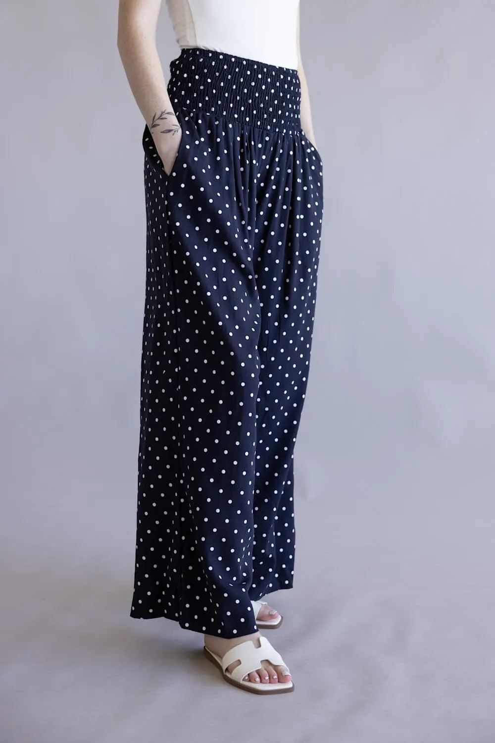 Polka Dot Smocked Wide Leg Pants for Women in Navy | HF26C280-NAVY sold by Glik’s product image thumbnail 4