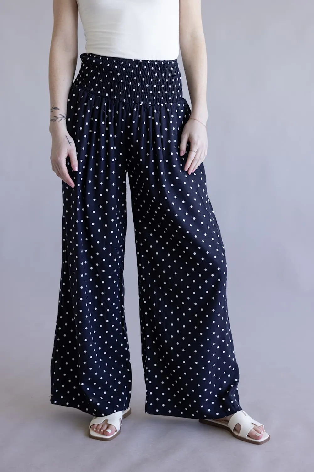 Polka Dot Smocked Wide Leg Pants for Women in Navy | HF26C280-NAVY sold by Glik’s