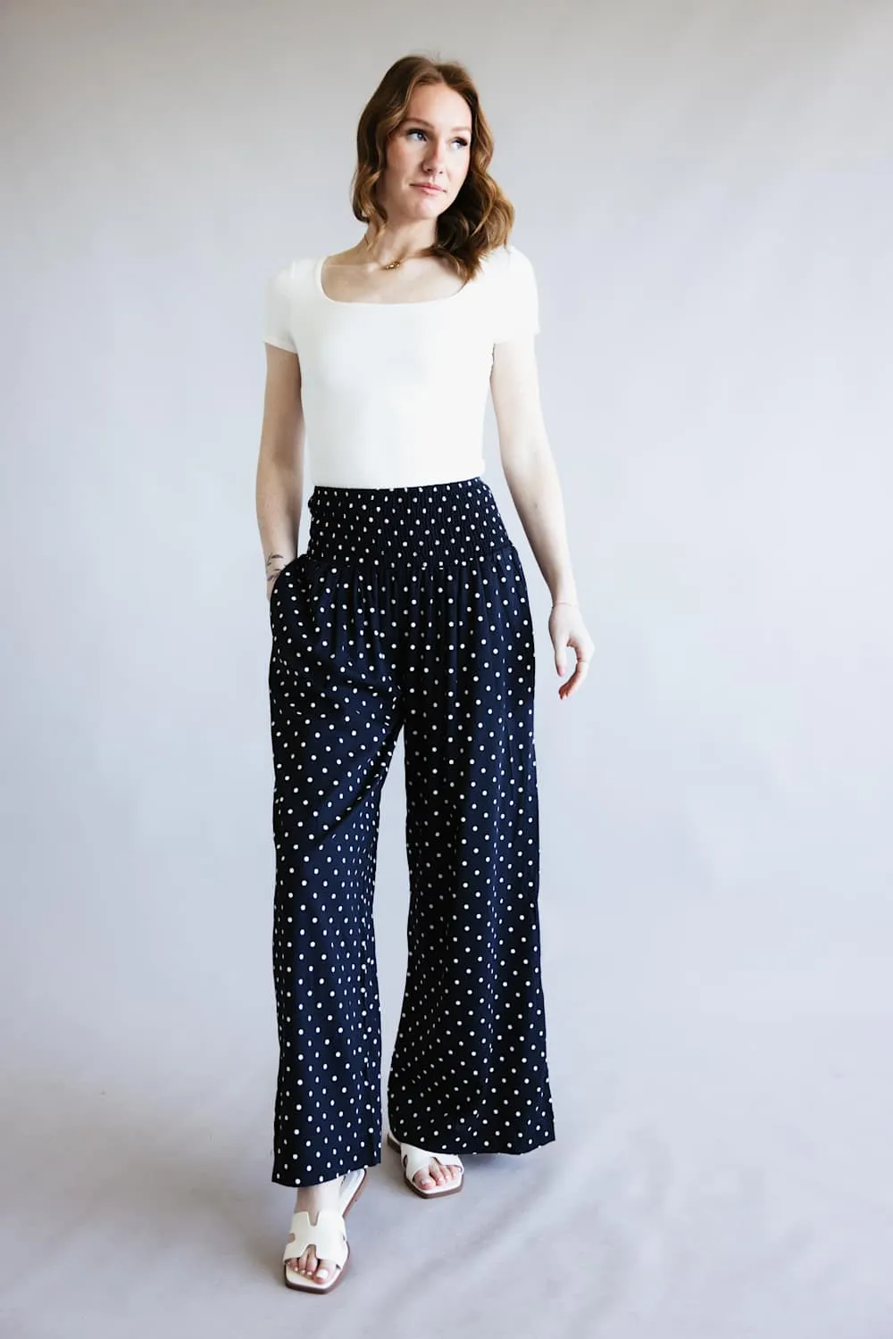 Polka Dot Smocked Wide Leg Pants for Women in Navy | HF26C280-NAVY sold by Glik’s product image thumbnail 2
