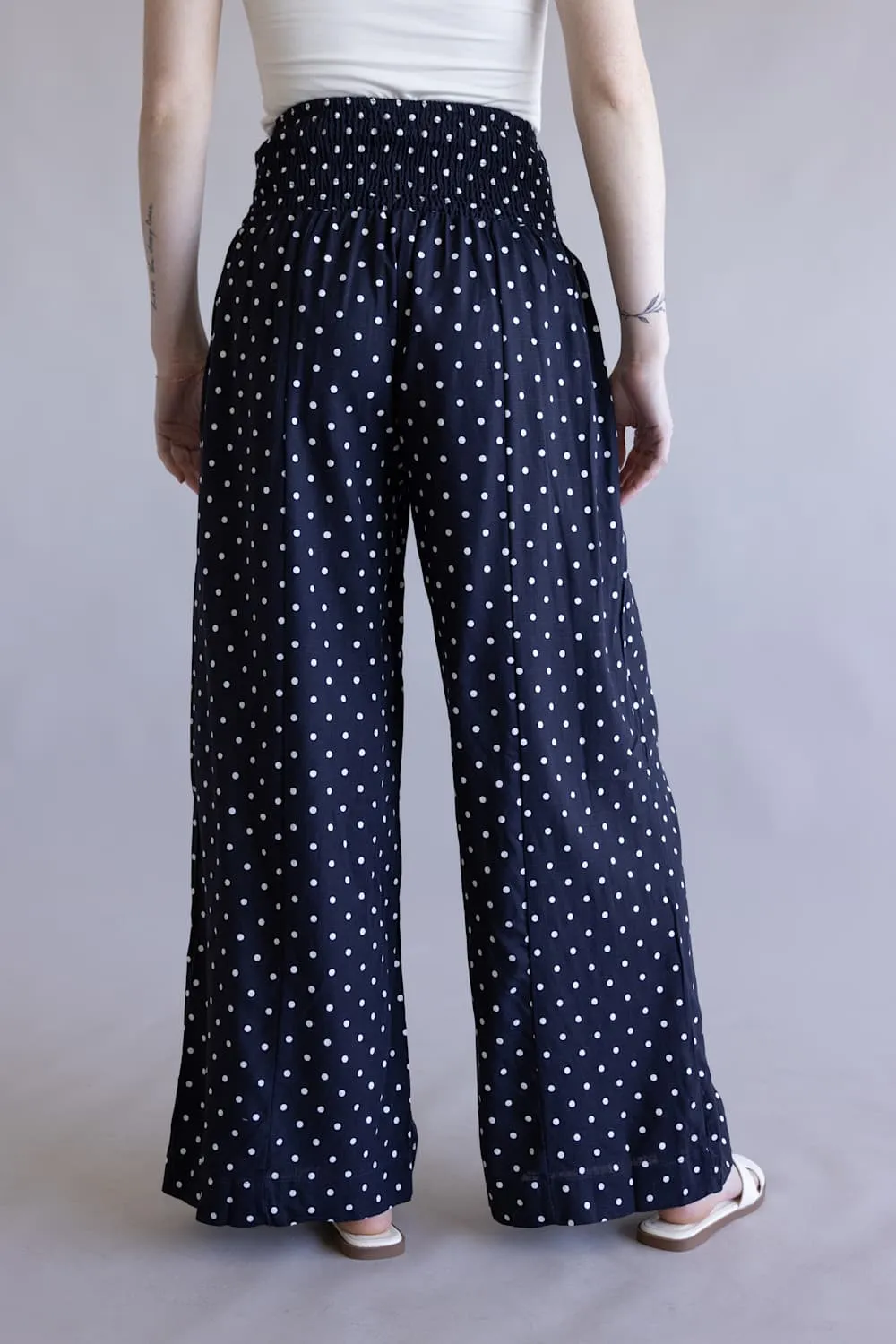 Polka Dot Smocked Wide Leg Pants for Women in Navy | HF26C280-NAVY sold by Glik’s product image thumbnail 3